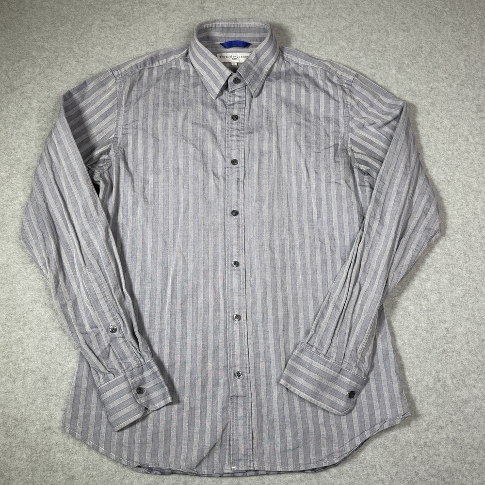Teddy Stratford Hidden Zipper Button Front Shirt Men's Medium Size 2 Gray Stripe